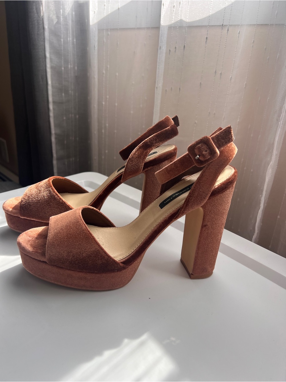 French Connection Taryn Copper Brown Velvet Platform Ankle-Strap Heels